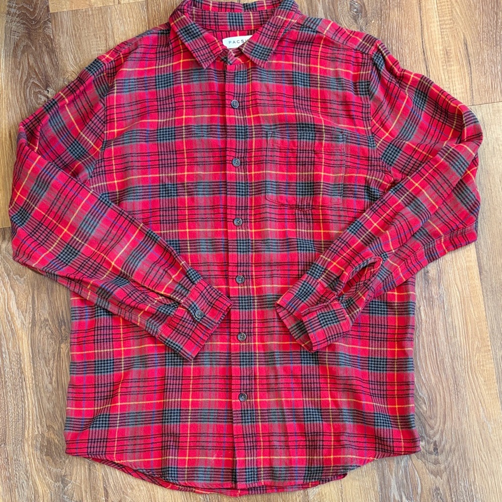 PacSun Men's Plaid Flannel Button Up Shirt (red & black)(Size: Medium)